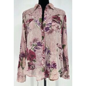 Vintage Goa Women's Top Medium Pink Floral Lace Pearl Buttons Western Rodeo EUC